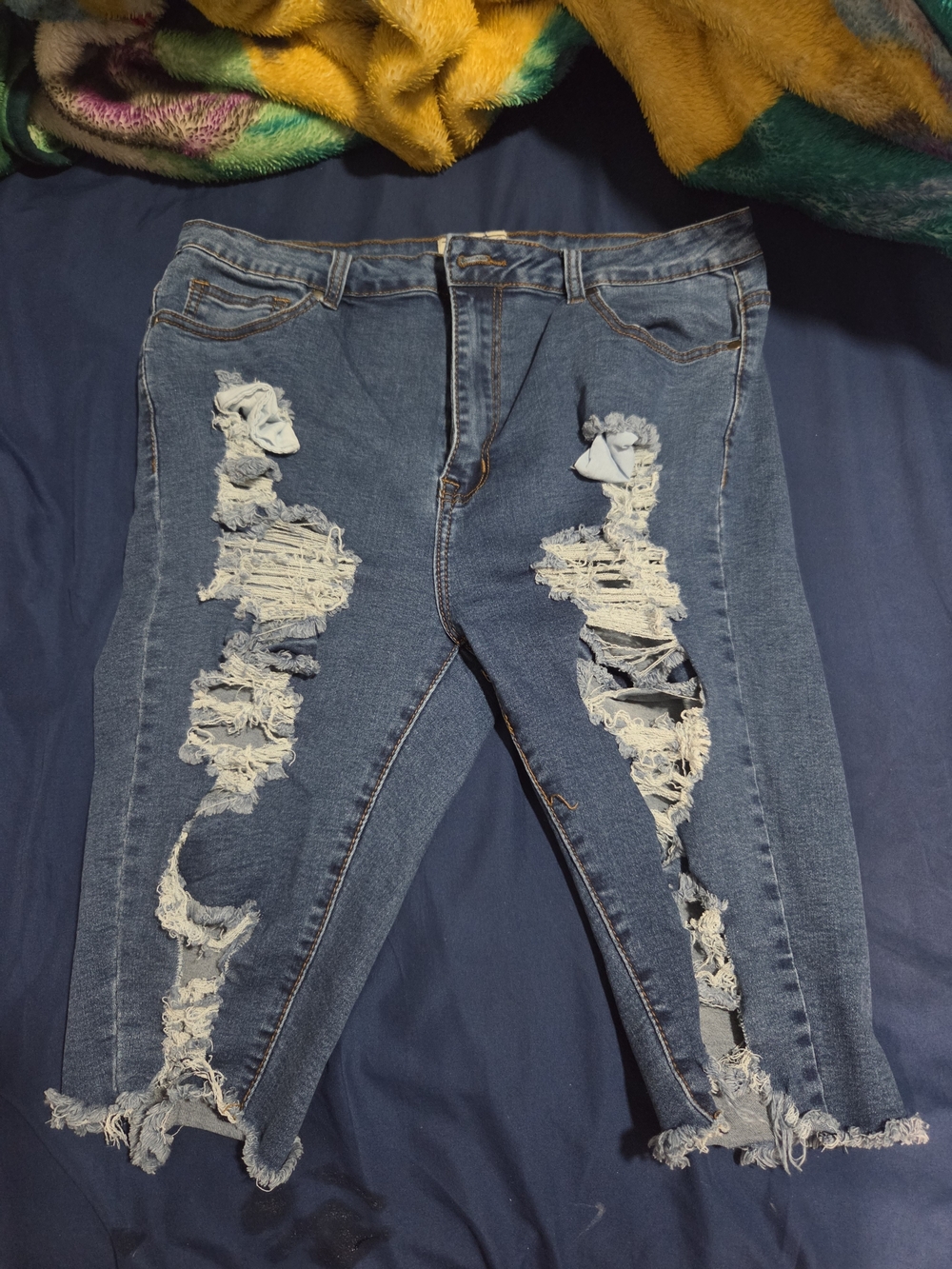 Distressed Blue Women's Ripped Bermuda Length Jeans